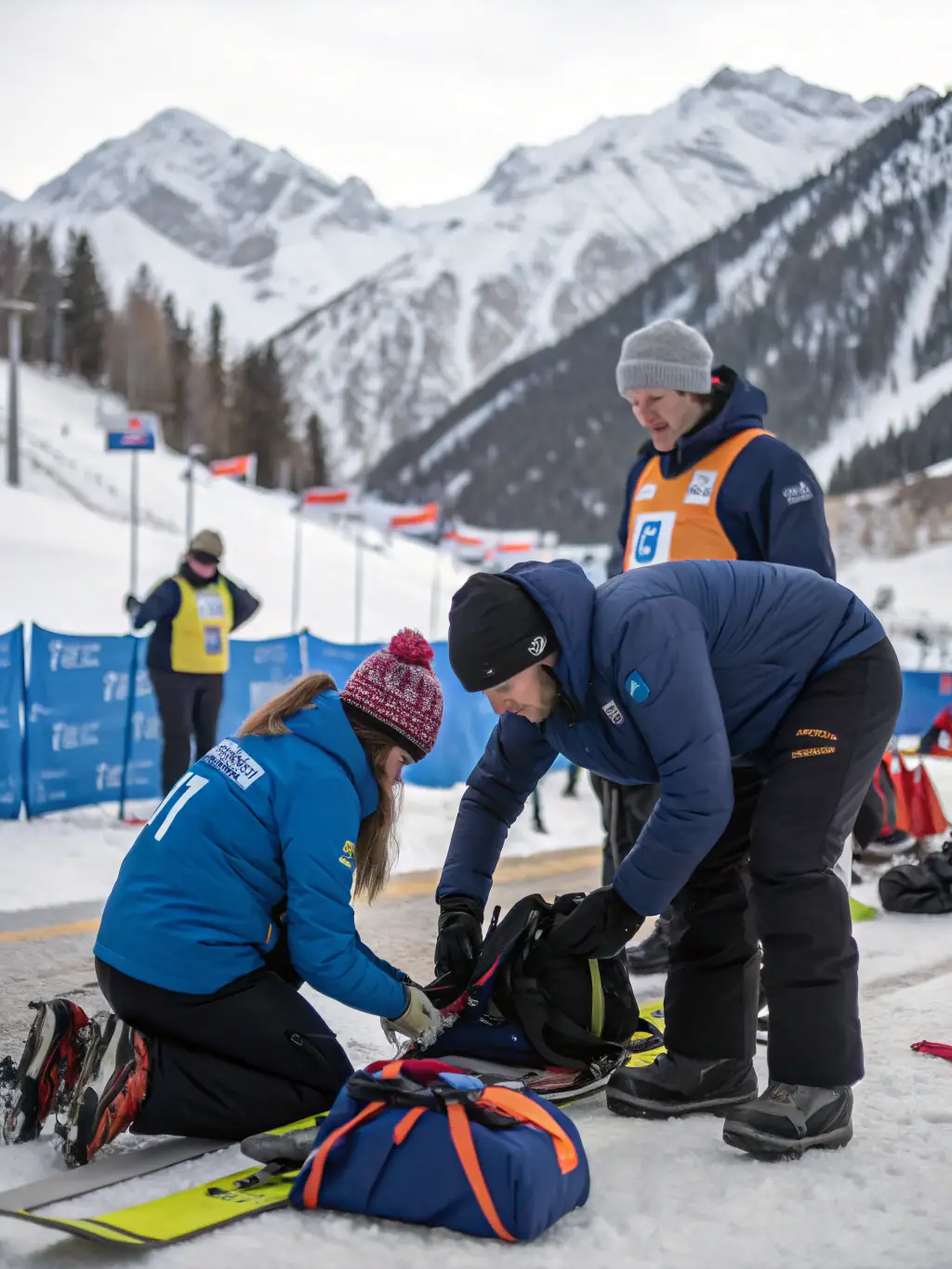 An image showing athletes receiving logistical support at a sports event, with volunteers assisting with registration, transportation, and accommodation, ensuring a seamless experience.