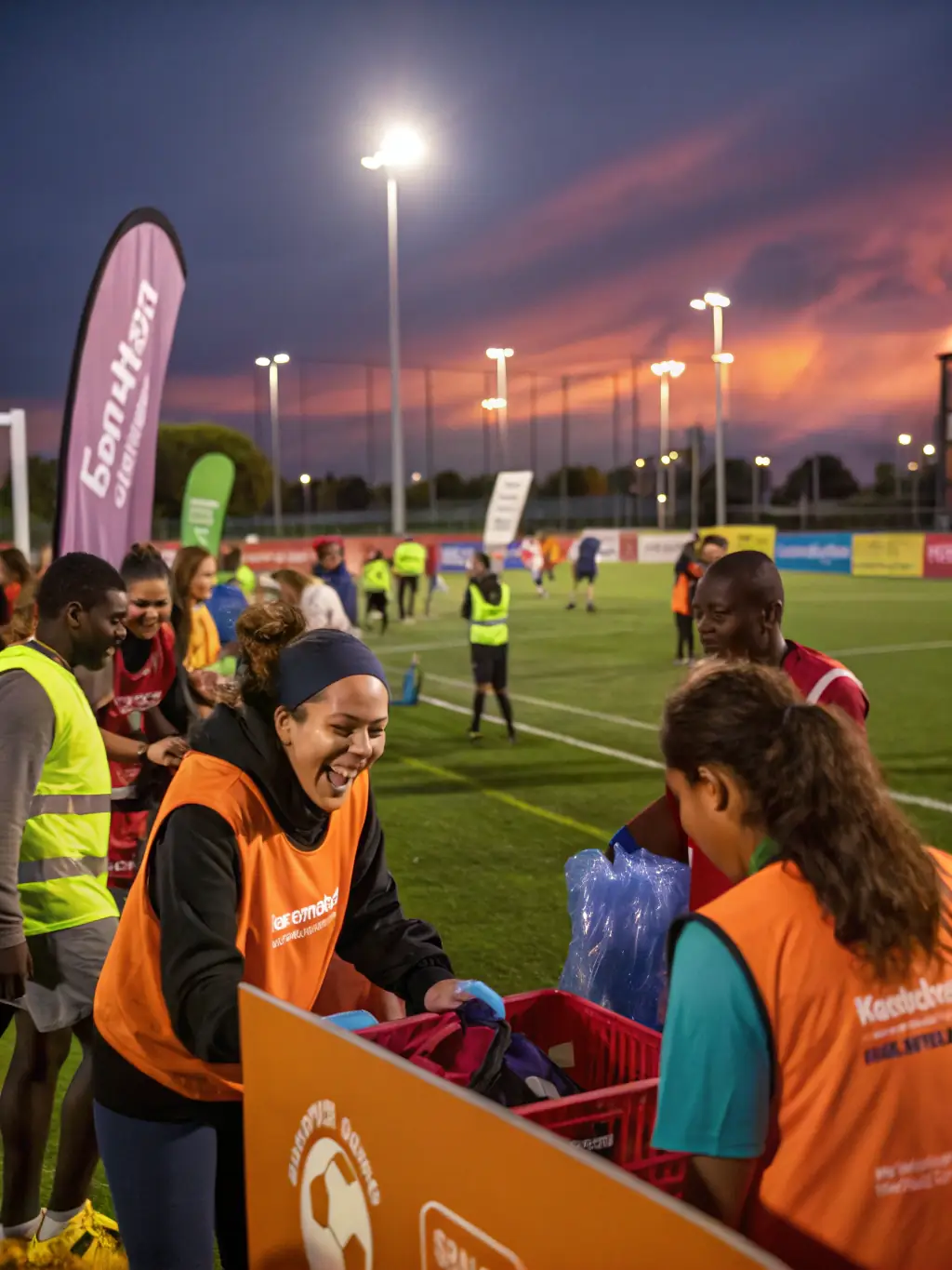 An image showcasing a community sports event organized by TEAM PM, with diverse athletes participating and volunteers supporting, highlighting inclusivity and community engagement.